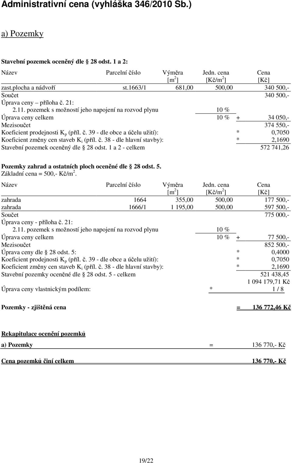 pozemek s možností jeho napojení na rozvod plynu 10 % Úprava ceny celkem 10 % + 34 050,- Mezisoučet 374 550,- Koeficient prodejnosti K p (příl. č.