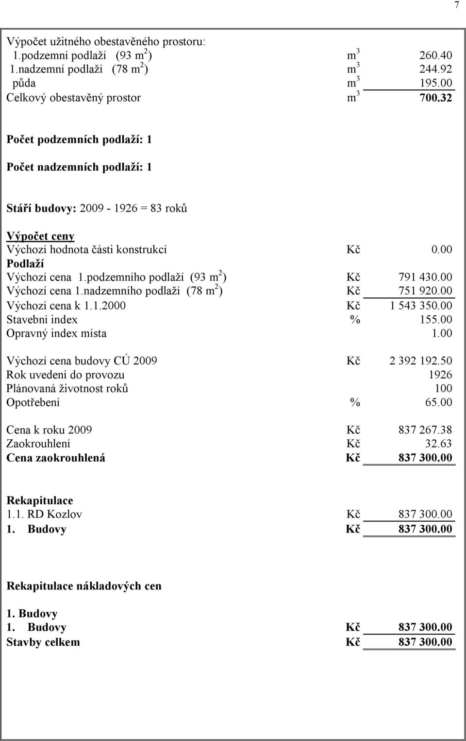 podzemního podlaží (93 m 2 ) Kč 791 430.00 Výchozí cena 1.nadzemního podlaží (78 m 2 ) Kč 751 920.00 Výchozí cena k 1.1.2000 Kč 1 543 350.00 Stavební index % 155.00 Opravný index místa 1.