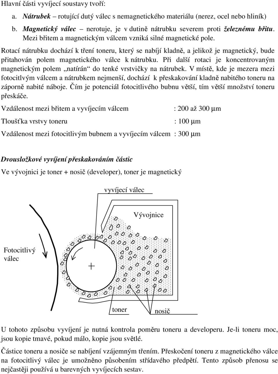 Rotací nátrubku dochází k tření toneru, který se nabíjí kladně, a jelikož je magnetický, bude přitahován polem magnetického válce k nátrubku.