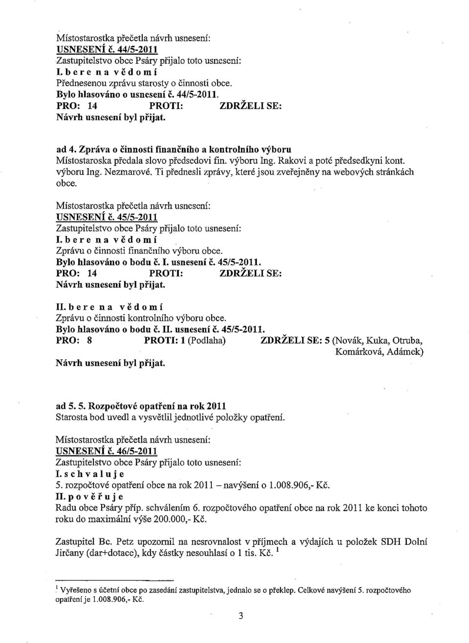 Ti přednesli zprávy, které jsou zveřejněny na webových stránkách obce. USNESENI Č. 45/5-2011 Lbere na vědomí Zprávu o čiimosti Finančního výboru obce. Bylo hlasováno o bodu ě. I. usnesení ě.