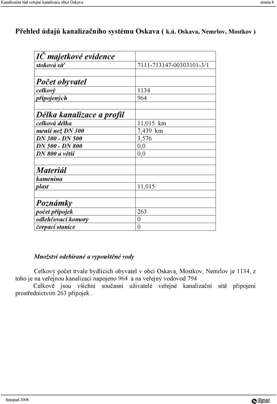 Oskava, Nemrlov, Mostkov ) IČ majetkové evidence stoková síť 7111-713147-00303101-3/1 Počet obyvatel celkový 1134 připojených 964 Délka kanalizace a profil celková délka 11,015 km menší než
