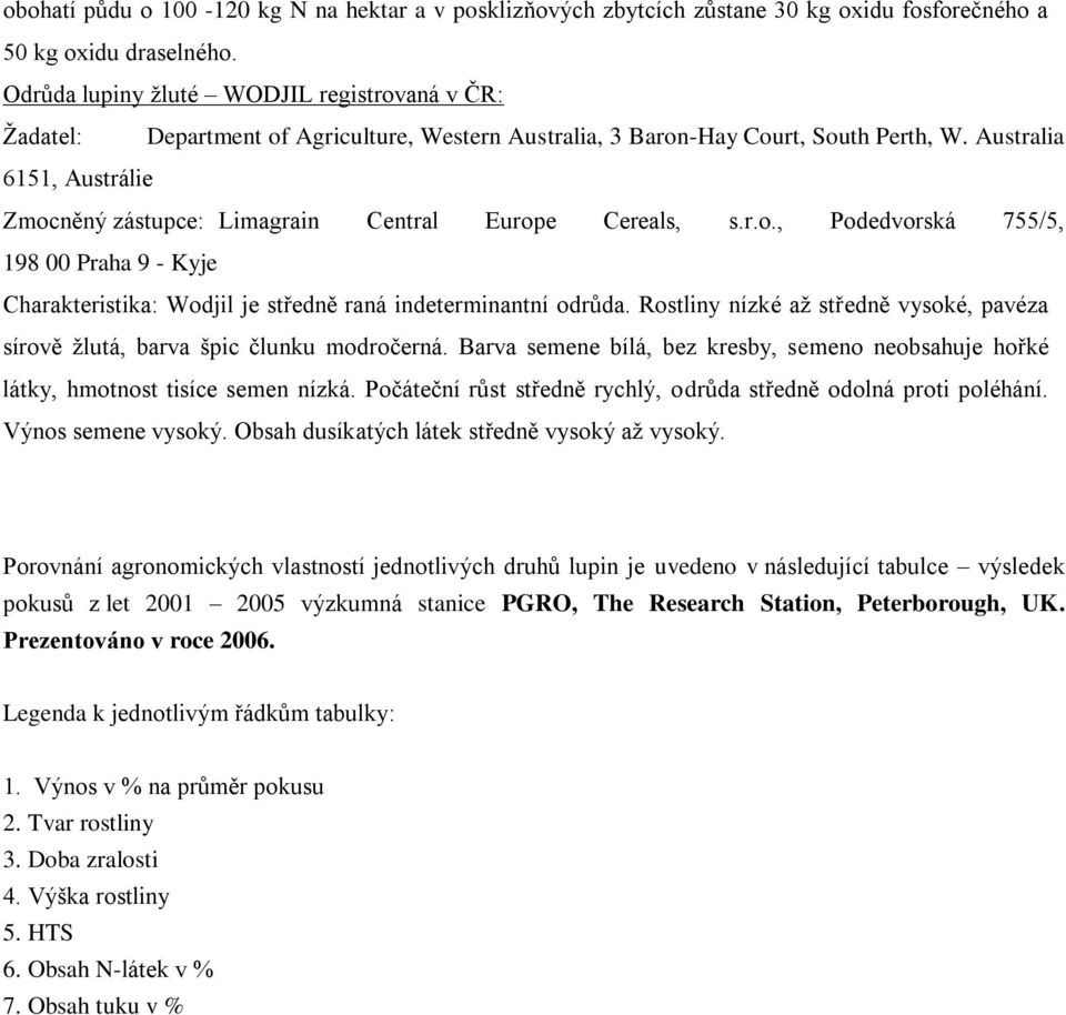 Australia 6151, Austrálie Zmocněný zástupce: Limagrain Central Europe Cereals, s.r.o., Podedvorská 755/5, 198 00 Praha 9 - Kyje Charakteristika: Wodjil je středně raná indeterminantní odrůda.