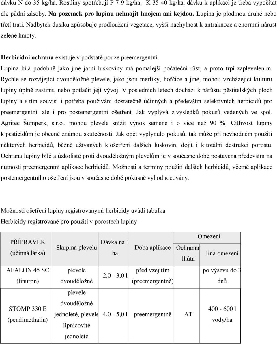 Herbicidní ochrana existuje v podstatě pouze preemergentní. Lupina bílá podobně jako jiné jarní luskoviny má pomalejší počáteční růst, a proto trpí zaplevelením.