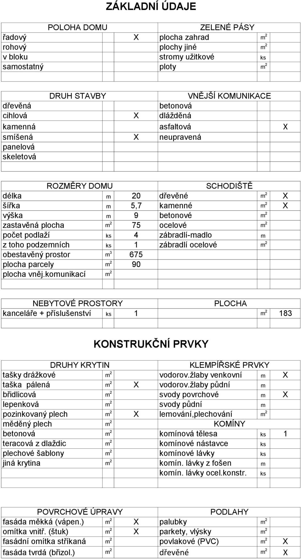 počet podlaží ks 4 zábradlí-madlo m z toho podzemních ks zábradlí ové m 2 obestavěný prostor m 3 675 plocha parcely m 2 90 plocha vněj.