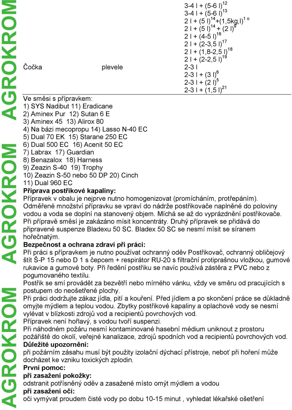 15) Starane 250 EC 6) Dual 500 EC 16) Acenit 50 EC 7) Labrax 17) Guardian 8) Benazalox 18) Harness 9) Zeazin S-40 19) Trophy 10) Zeazin S-50 nebo 50 DP 20) Cinch 11) Dual 960 EC Příprava postřikové