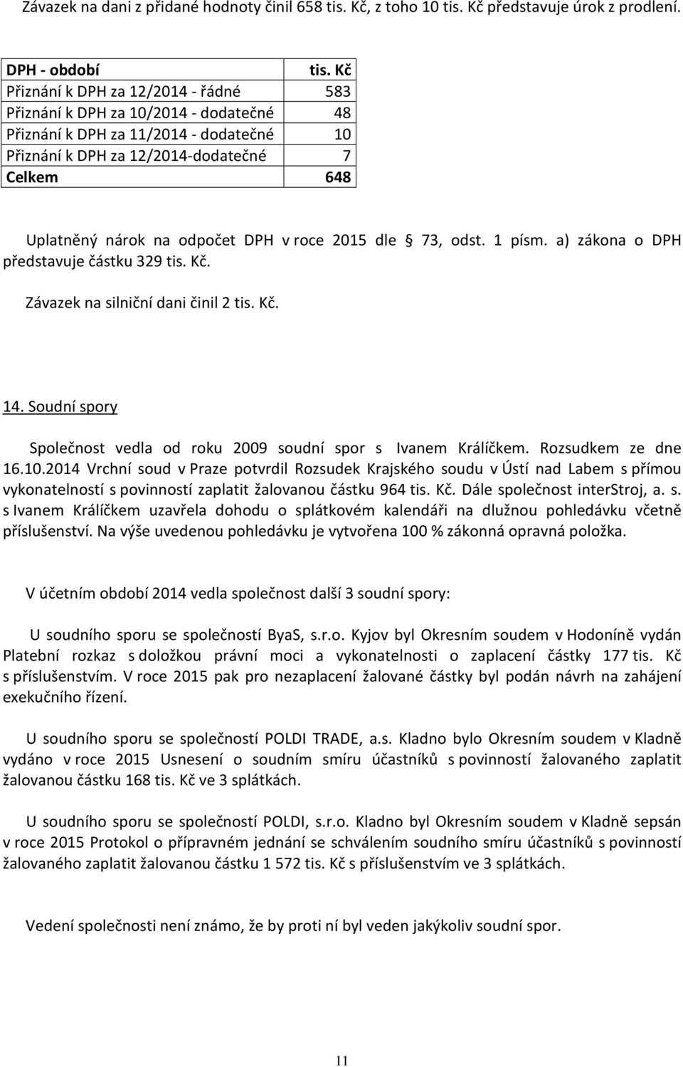 DPH v roce 2015 dle 73, odst. 1 písm. a) zákona o DPH představuje částku 329 tis. Kč. Závazek na silniční dani činil 2 tis. Kč. 14.
