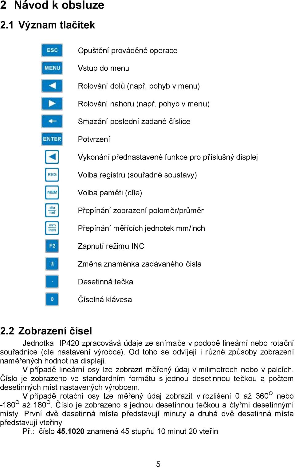 Přepínání měřících jednotek mm/inch Zapnutí režimu INC Změna znaménka zadávaného čísla Desetinná tečka Číselná klávesa 2.