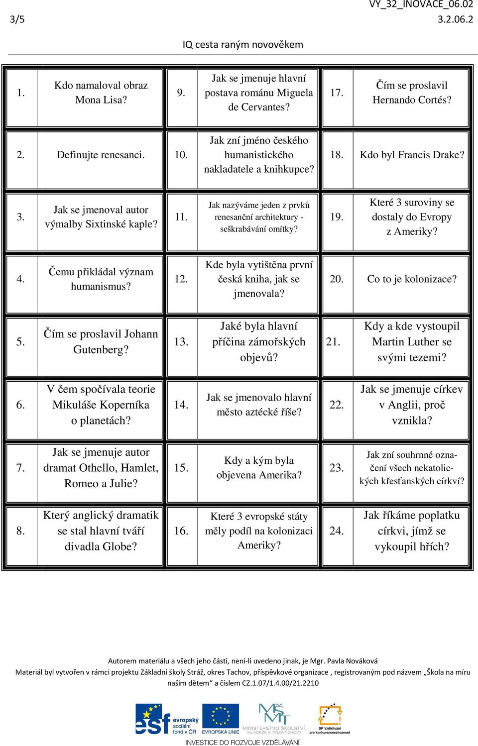 Jak nazýváme jeden z prvků renesanční architektury - seškrabávání omítky? 19. Které 3 suroviny se dostaly do Evropy z Ameriky? 4. Čemu přikládal význam humanismus? 12.