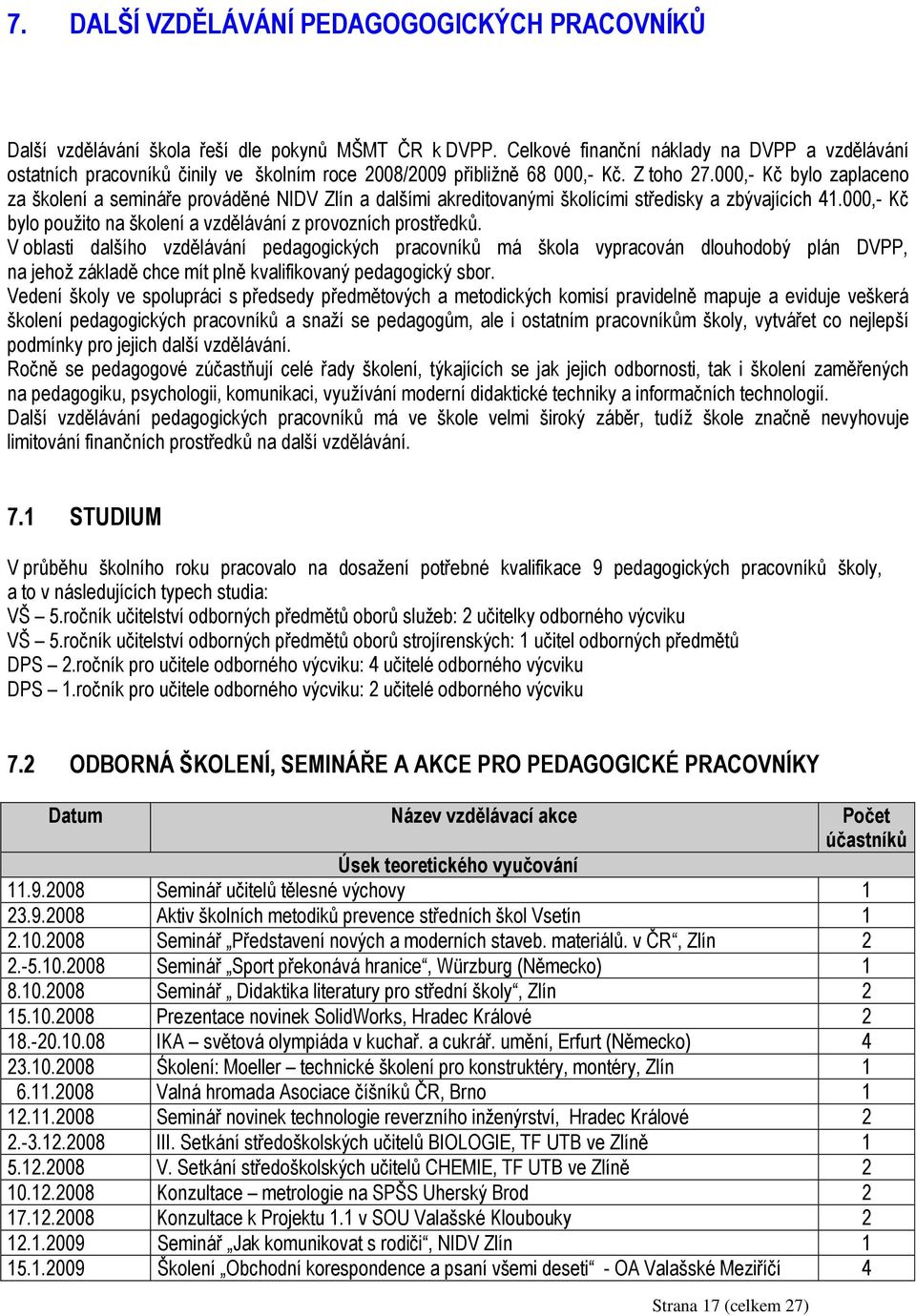000,- Kč bylo zaplaceno za školení a semináře prováděné NIDV Zlín a dalšími akreditovanými školícími středisky a zbývajících 41.000,- Kč bylo použito na školení a vzdělávání z provozních prostředků.