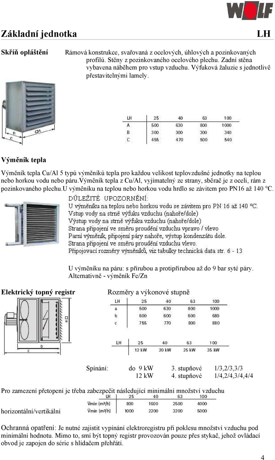 výměník tepla z Cu/Al, vyjímatelný ze strany, sběrač je z oceli, rám z pozinkovaného plechu.u výměníku na teplou nebo horkou vodu hrdlo se závitem pro PN16 až 140 C.