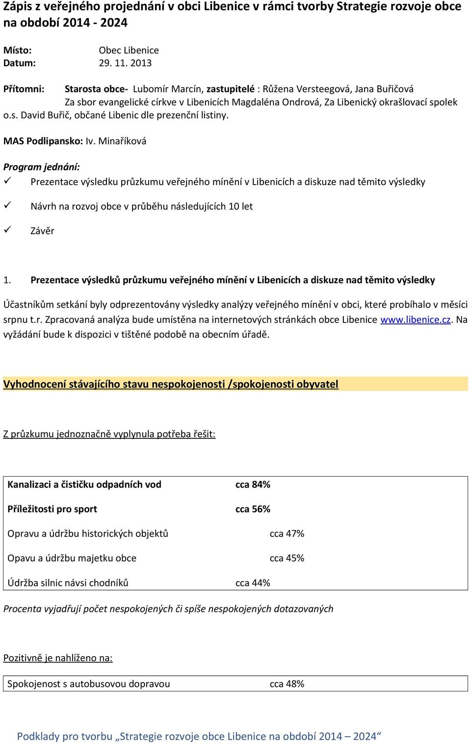 MAS Podlipansko: Iv. Minaříková Program jednání: Prezentace výsledku průzkumu veřejného mínění v Libenicích a diskuze nad těmito výsledky Návrh na rozvoj obce v průběhu následujících 10 let Závěr 1.