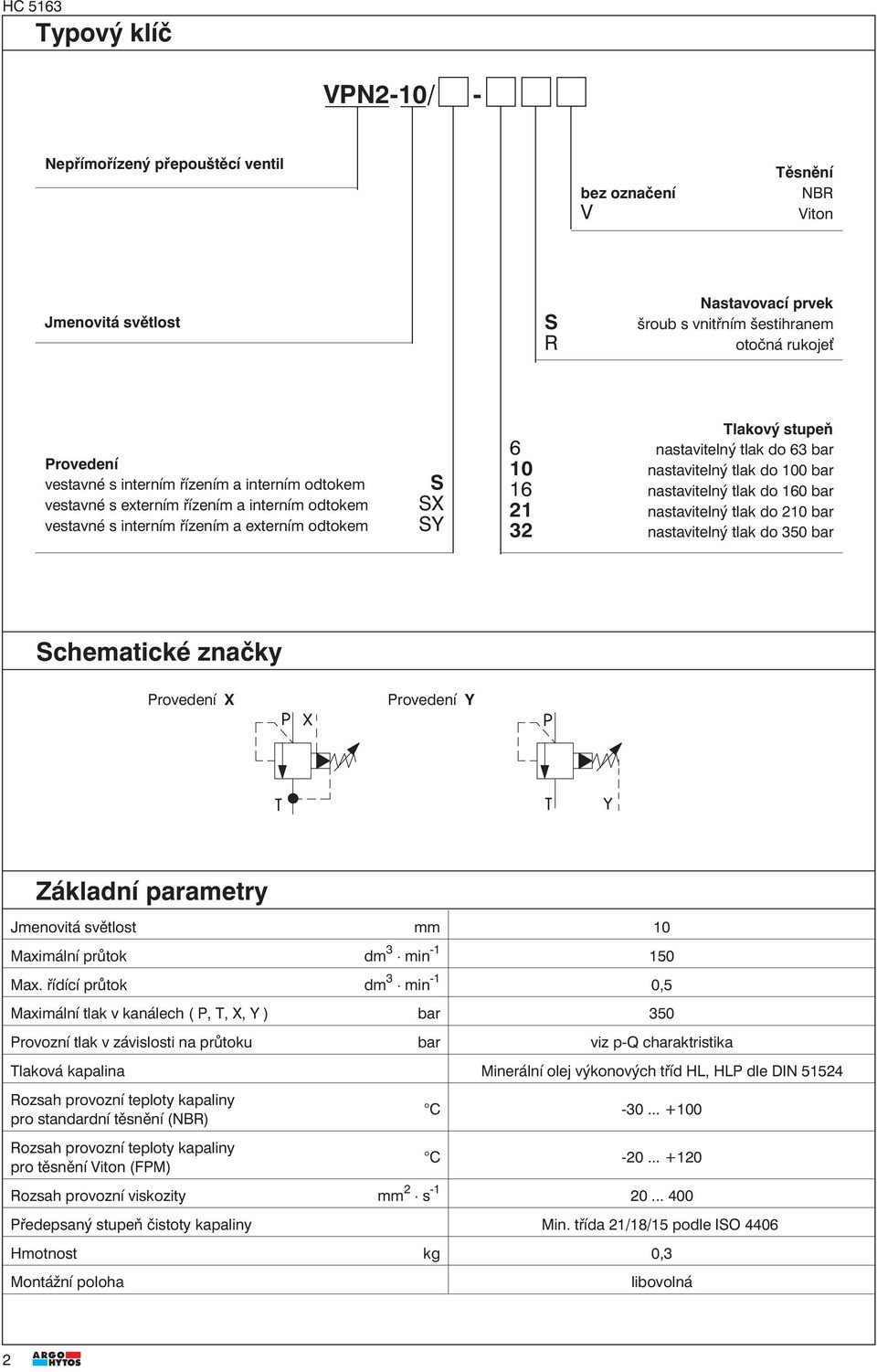 nastavitelný tlak do 100 bar 16 nastavitelný tlak do 160 bar 21 nastavitelný tlak do 210 bar 32 nastavitelný tlak do 350 bar Schematické značky Provedení X Provedení Y Základní parametry Jmenovitá