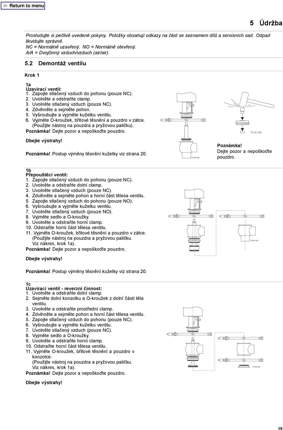 Uvolněte stlačený vzduch (pouze NC). 4. Zdvihněte a sejměte pohon. 5. Vyšroubujte a vyjměte kuželku ventilu. 6. Vyjměte O-kroužek, břitové těsnění a pouzdro v zátce.