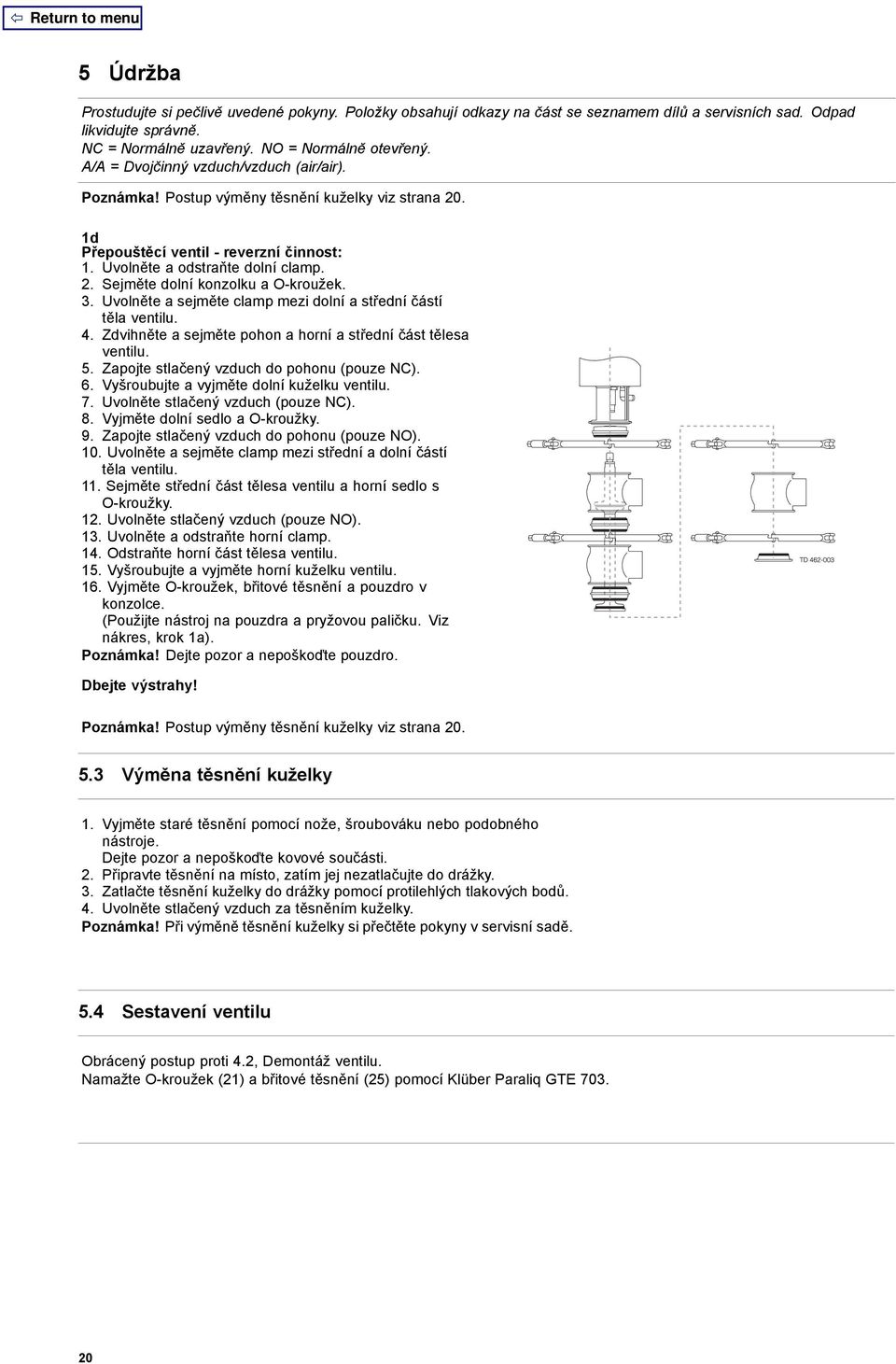 3. Uvolněteasejměte clamp mezi dolní a střední částí těla ventilu. 4. Zdvihněteasejměte pohon a horní a střední část tělesa ventilu. 5. Zapojte stlačený vzduch do pohonu (pouze NC). 6.