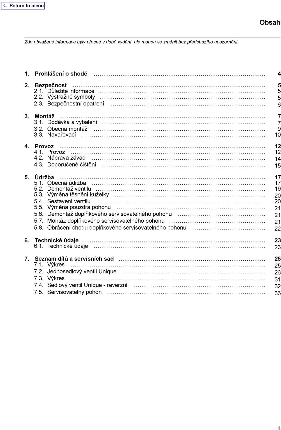 .. 15 5. Údržba... 17 5.1. Obecná údržba... 17 5.2. Demontáž ventilu... 19 5.3. Výměna těsnění kuželky... 20 5.4. Sestavení ventilu... 20 5.5. Výměna pouzdra pohonu... 21 5.6.