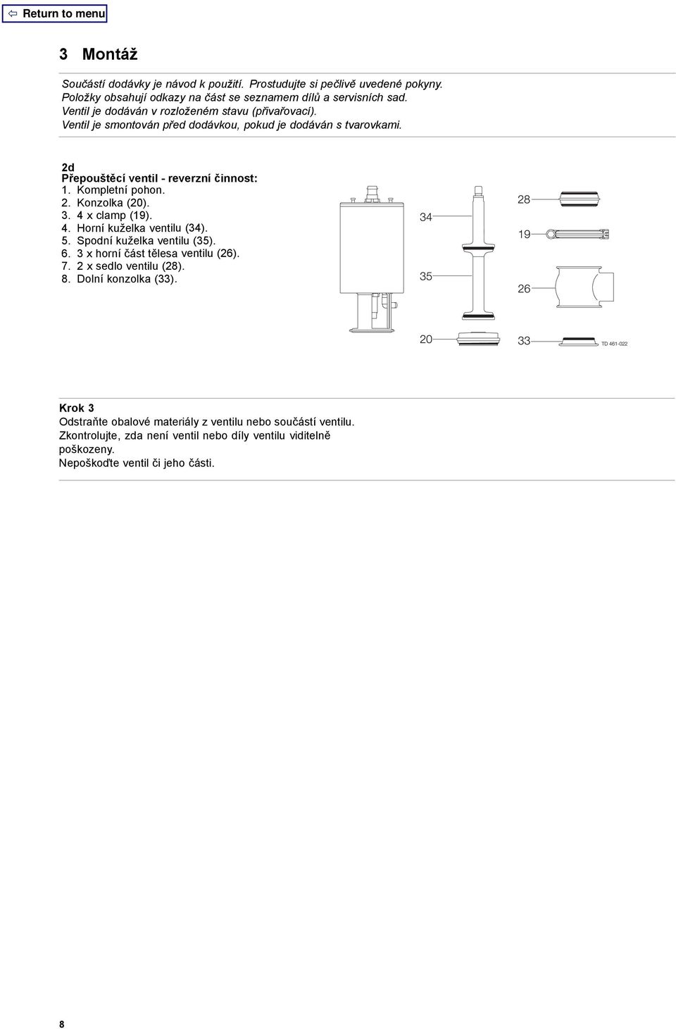 Kompletní pohon. 2. Konzolka (20). 3. 4 x clamp (19). 4. Horní kuželka ventilu (34). 5. Spodní kuželka ventilu (35). 6. 3 x horní část tělesa ventilu (26). 7.