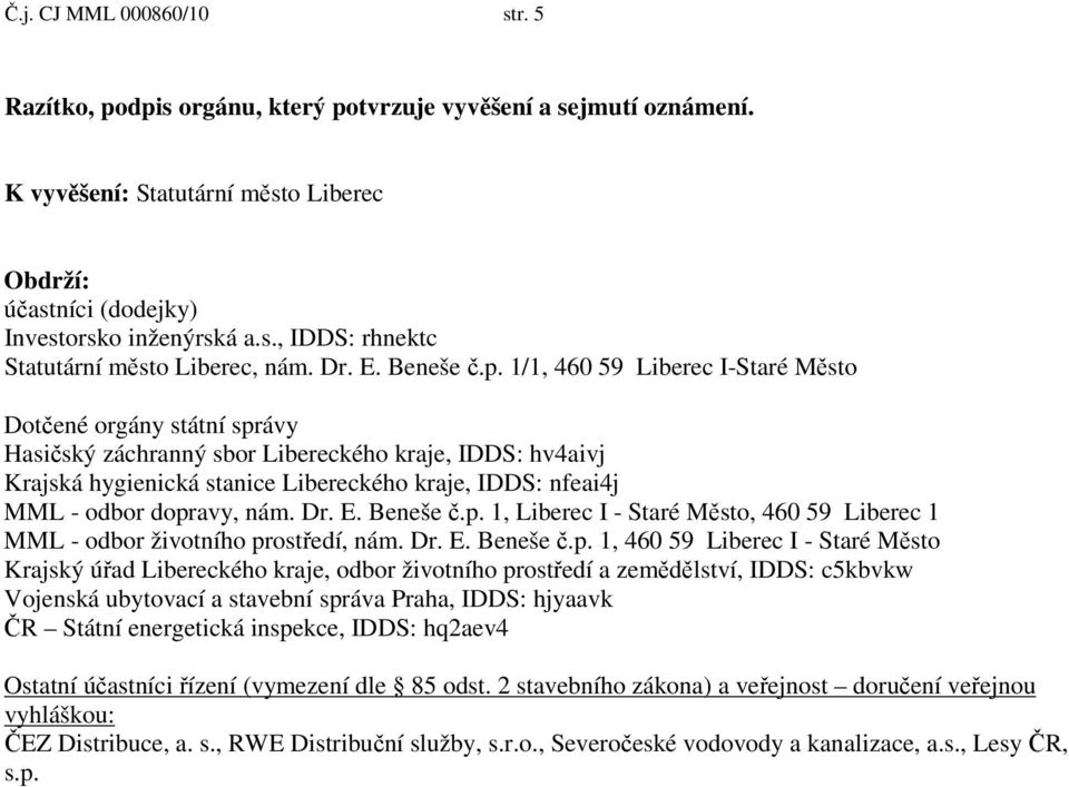 1/1, 460 59 Liberec I-Staré Město Dotčené orgány státní správy Hasičský záchranný sbor Libereckého kraje, IDDS: hv4aivj Krajská hygienická stanice Libereckého kraje, IDDS: nfeai4j MML - odbor