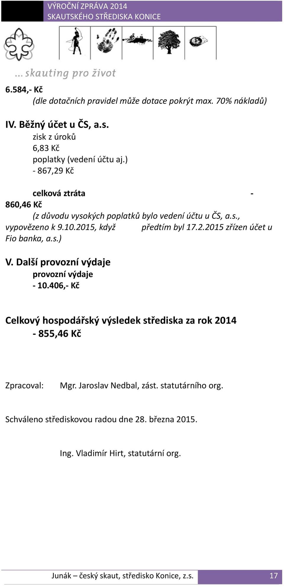 s.) V. Další provozní výdaje provozní výdaje 10.406, Kč Celkový hospodářský výsledek střediska za rok 2014 855,46 Kč Zpracoval: Mgr. Jaroslav Nedbal, zást.