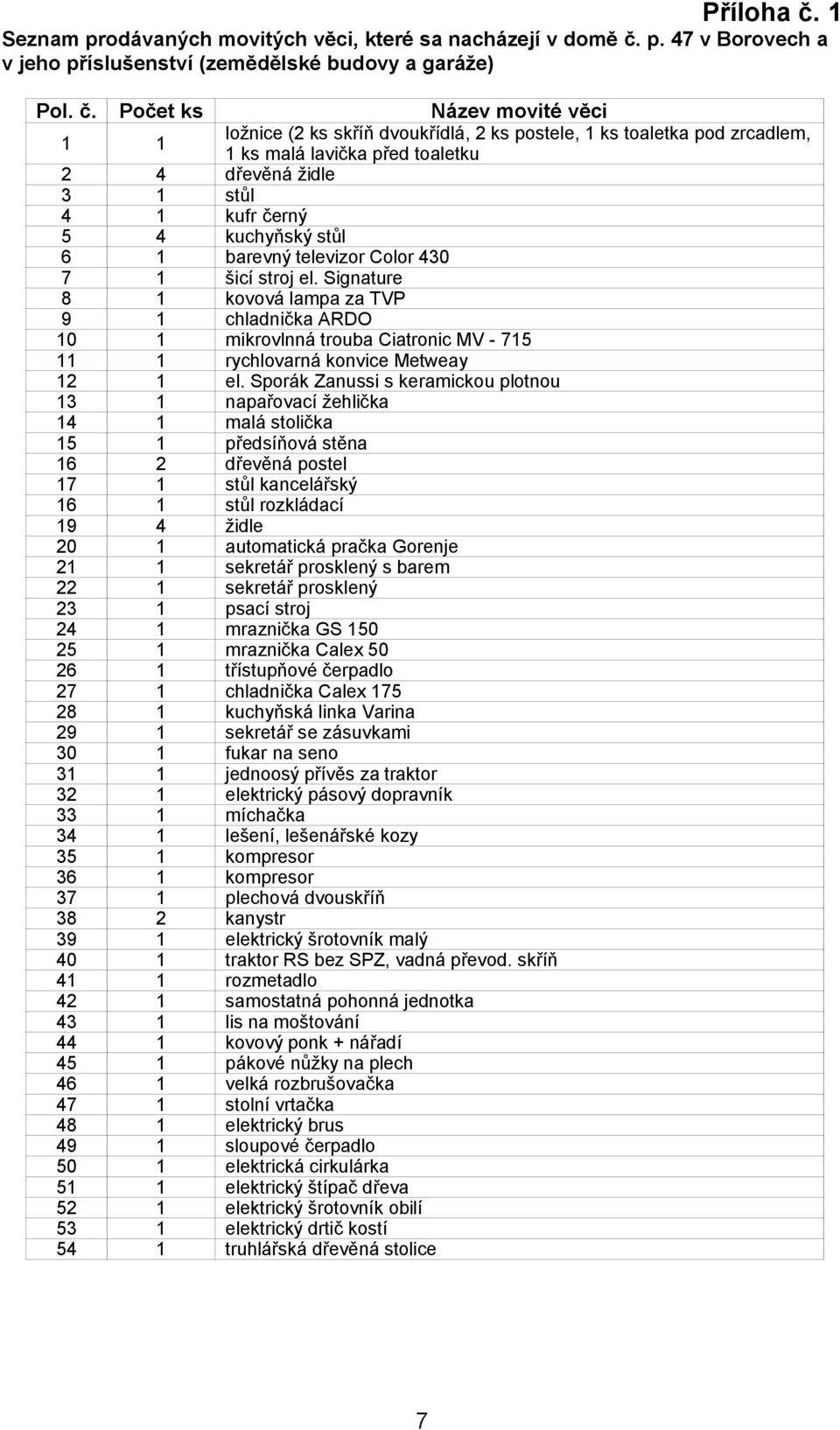p. 47 v Borovech a v jeho příslušenství (zemědělské budovy a garáže) Pol. č.