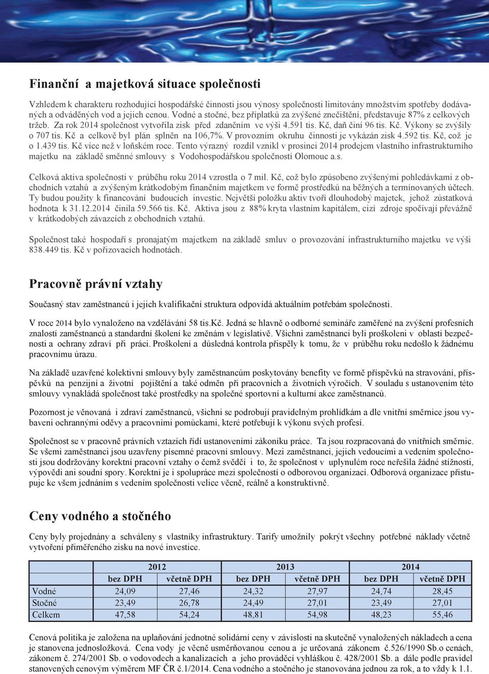 Kč a celkově byl plán splněn na 106,7%. V provozním okruhu činnosti je vykázán zisk 4.592 tis. Kč, což je o 1.439 tis. Kč více než v loňském roce.