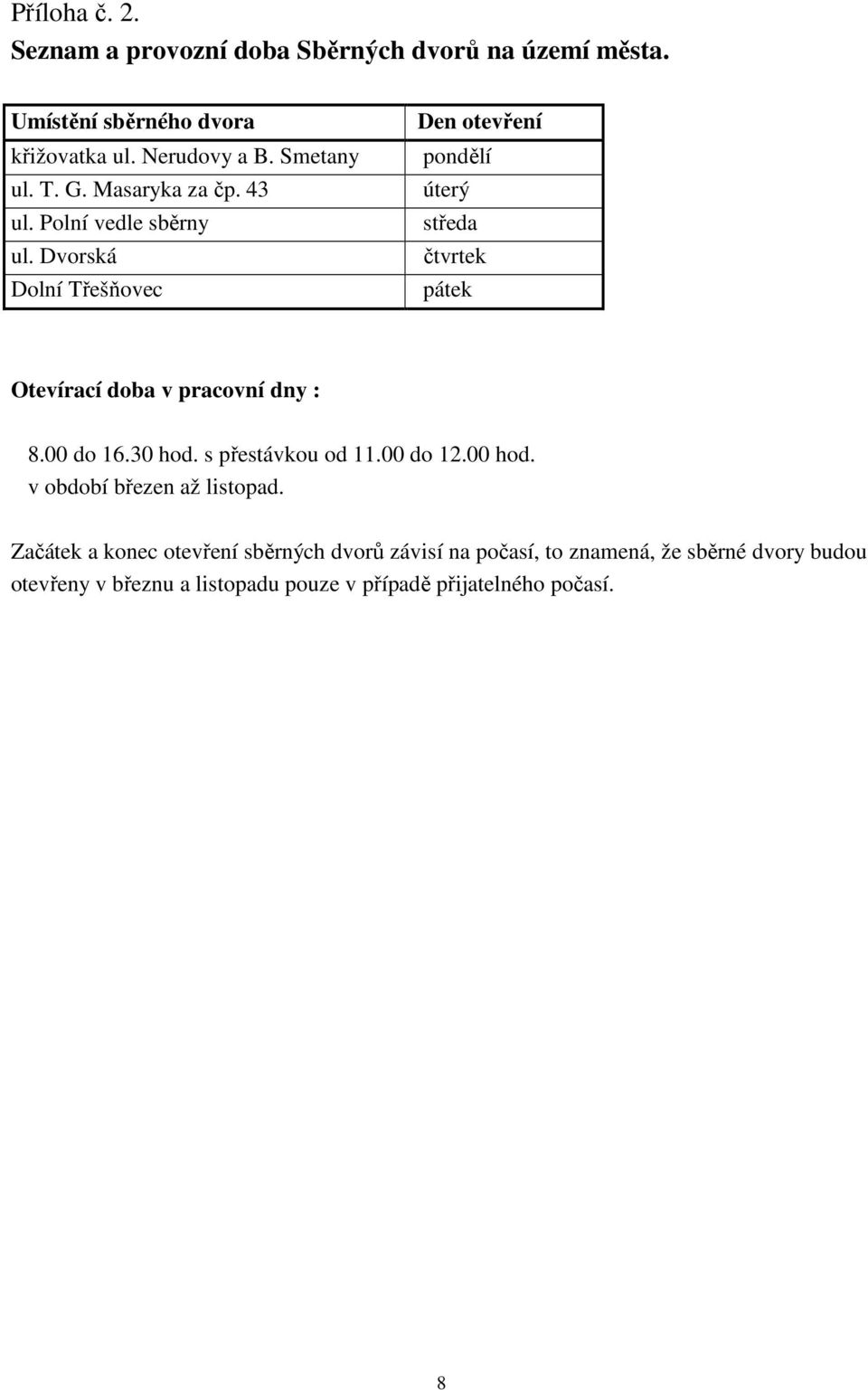 Dvorská Dolní Třešňovec Den otevření pondělí úterý středa čtvrtek pátek Otevírací doba v pracovní dny : 8.00 do 16.30 hod.