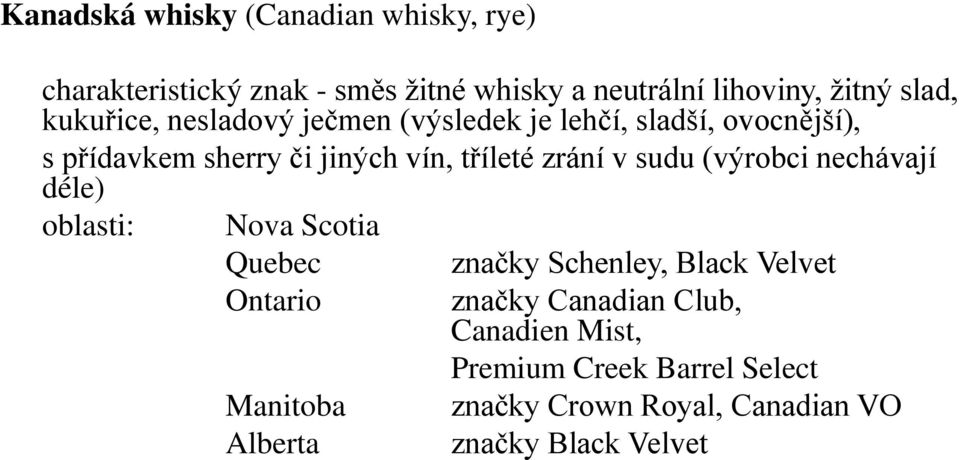 v sudu (výrobci nechávají déle) oblasti: Nova Scotia Quebec Ontario Manitoba Alberta značky Schenley, Black Velvet