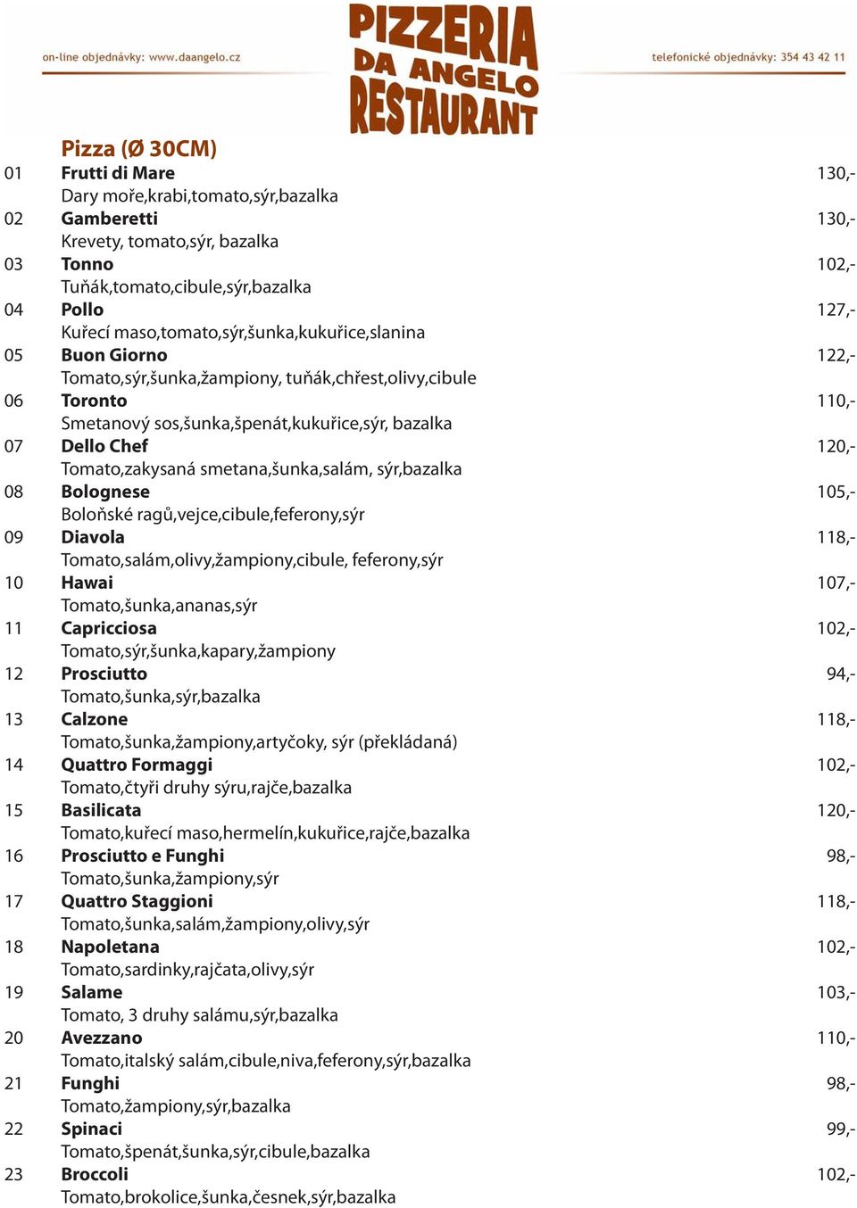 Tomato,zakysaná smetana,šunka,salám, sýr,bazalka 08 Bolognese 105,- Boloňské ragů,vejce,cibule,feferony,sýr 09 Diavola 118,- Tomato,salám,olivy,žampiony,cibule, feferony,sýr 10 Hawai 107,-