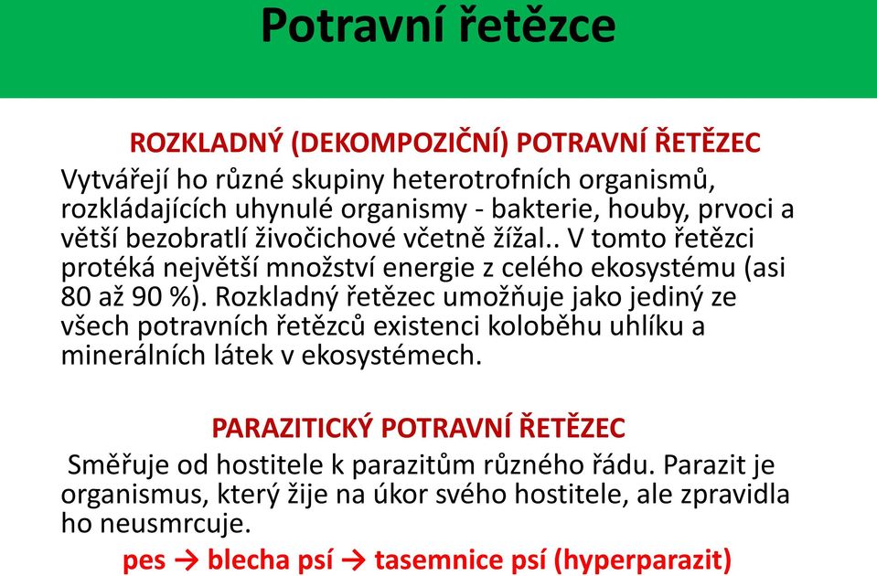 Rozkladný řetězec umožňuje jako jediný ze všech potravních řetězců existenci koloběhu uhlíku a minerálních látek v ekosystémech.