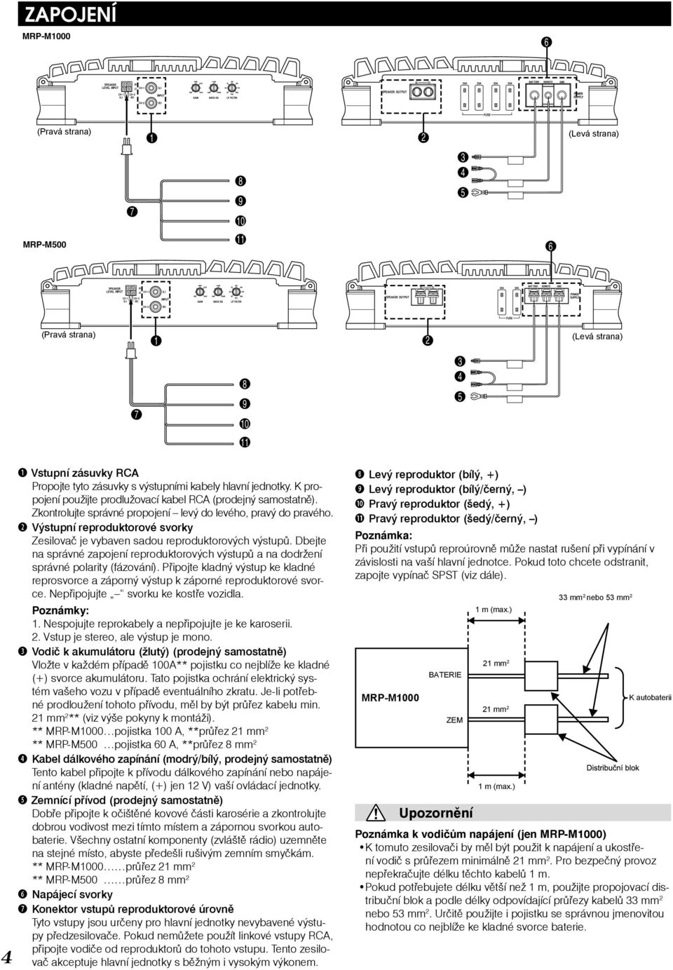 Výstupní reproduktorové svorky Zesilovač je vybaven sadou reproduktorových výstupů. Dbejte na správné zapojení reproduktorových výstupů a na dodržení správné polarity (fázování).
