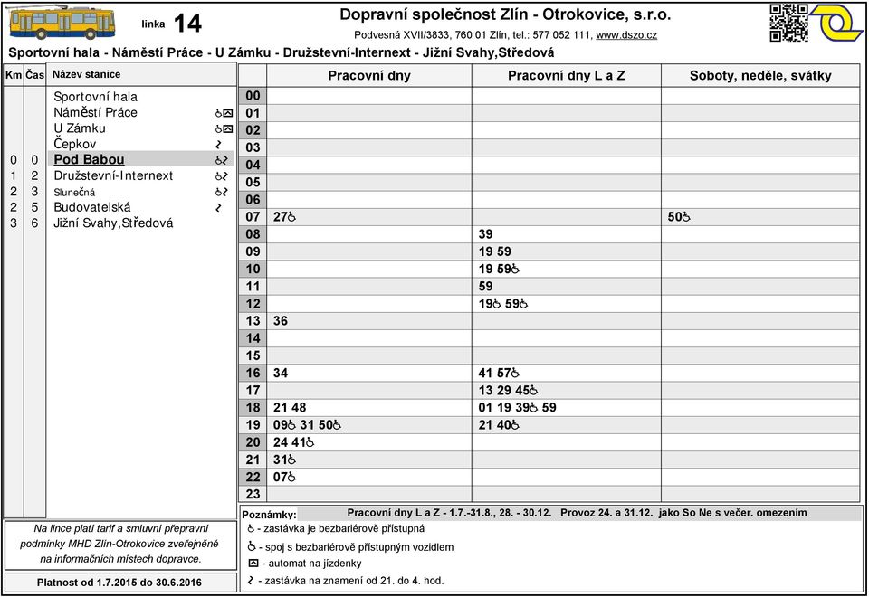 omezením - zastávka je bezbariérově přístupná - spoj s bezbariérově přístupným vozidlem -