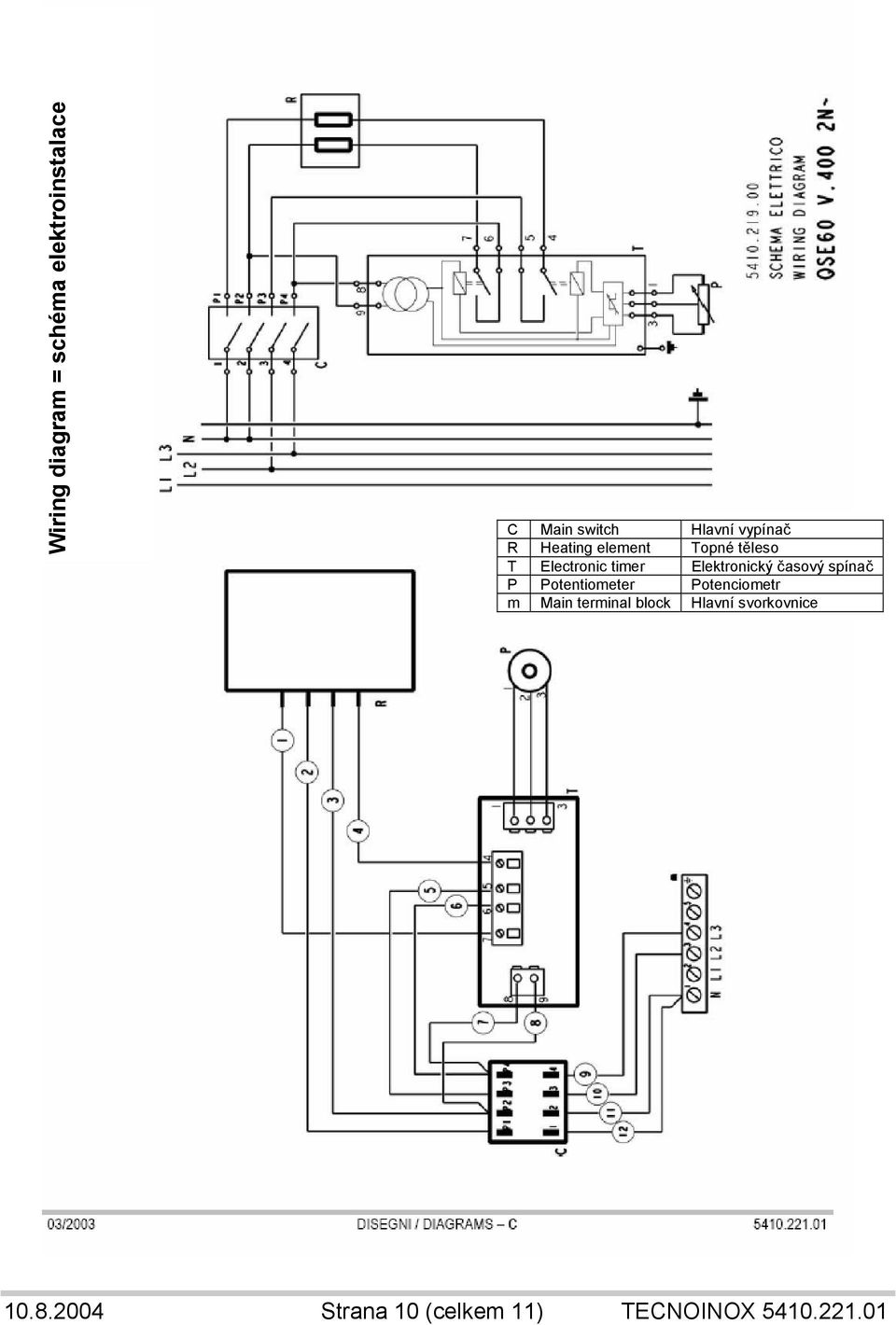 Elektronický časový spínač P Potentiometer Potenciometr m Main