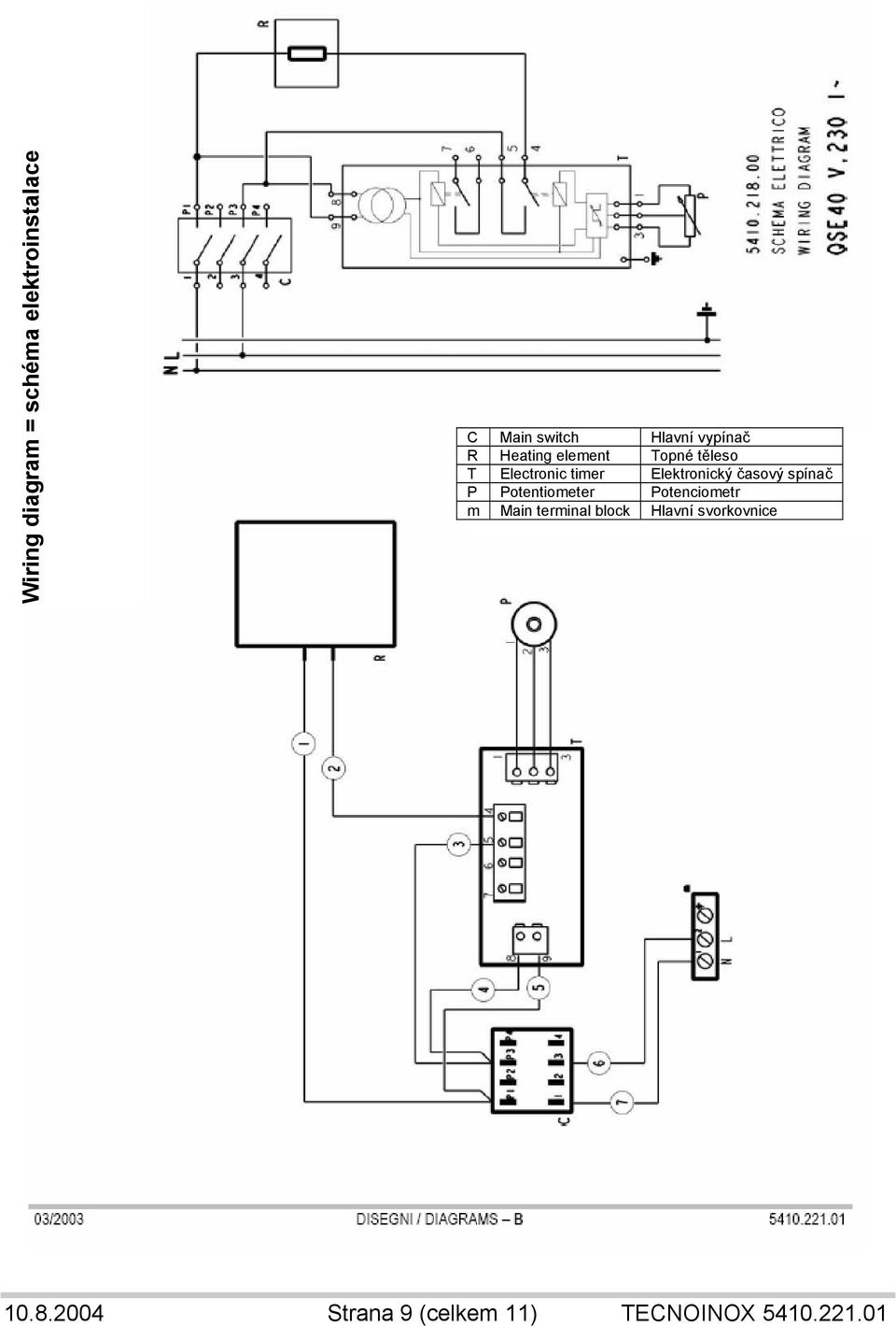 Elektronický časový spínač P Potentiometer Potenciometr m Main