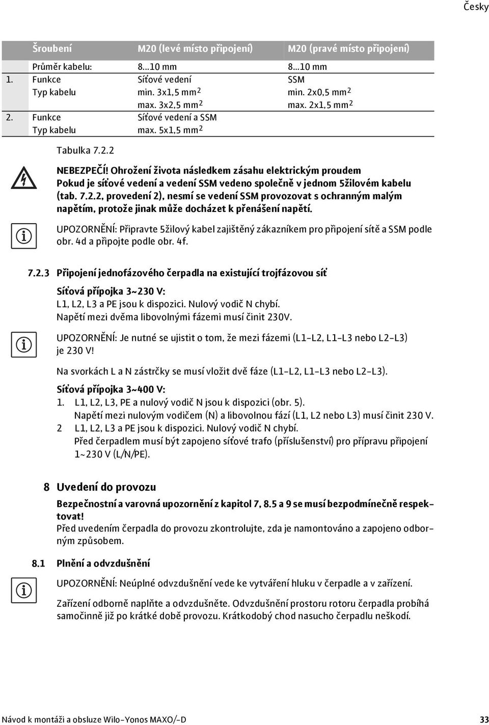 UPOZORNĚNÍ: Připravte 5žilový kabel zajištěný zákazníkem pro připojení sítě a SSM podle obr. 4d a připojte podle obr. 4f. 7.2.