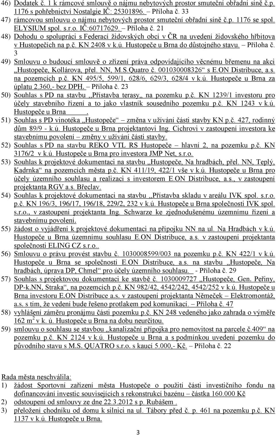 21 48) Dohodu o spolupráci s Federací židovských obcí v ČR na uvedení židovského hřbitova v Hustopečích na p.č. KN 2408 v k.ú. Hustopeče u Brna do důstojného stavu. Příloha č.