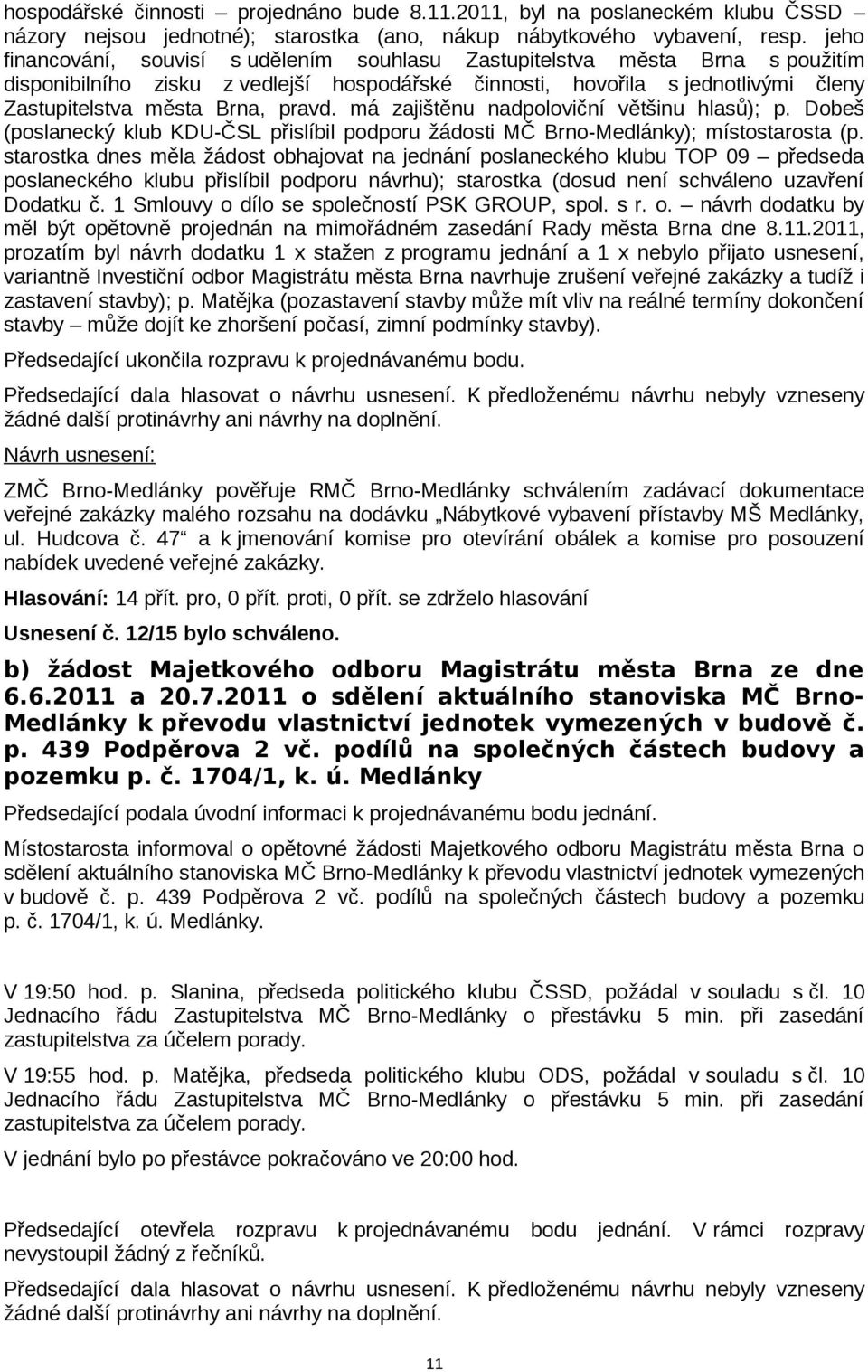 má zajištěnu nadpoloviční většinu hlasů); p. Dobeš (poslanecký klub KDU-ČSL přislíbil podporu žádosti MČ Brno-Medlánky); místostarosta (p.