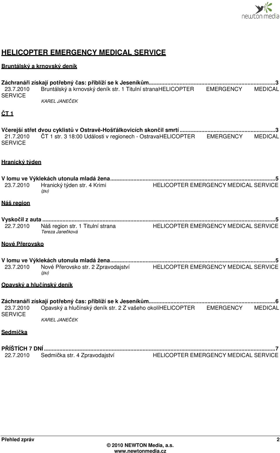 3 18:00 Události v regionech - OstravaHELICOPTER EMERGENCY MEDICAL SERVICE Hranický týden V lomu ve Výklekách utonula mladá žena... 5 23.7.2010 Hranický týden str.