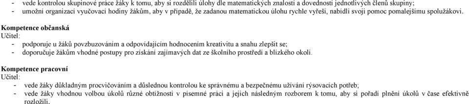 Kompetence občanská Učitel: - podporuje u žáků povzbuzováním a odpovídajícím hodnocením kreativitu a snahu zlepšit se; - doporučuje žákům vhodné postupy pro získání zajímavých dat ze školního