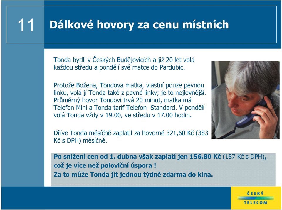 Průměrný hovor Tondovi trvá 20 minut, matka má Telefon Mini a Tonda tarif Telefon Standard. V pondělí volá Tonda vždy v 19.00, ve středu v 17.00 hodin.