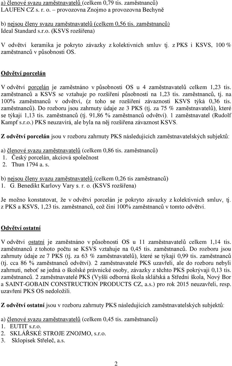 Odvětví porcelán V odvětví porcelán je zaměstnáno v působnosti OS u 4 zaměstnavatelů celkem 1,23 tis. zaměstnanců a KSVS se vztahuje po rozšíření působnosti na 1,23 tis. zaměstnanců, tj.