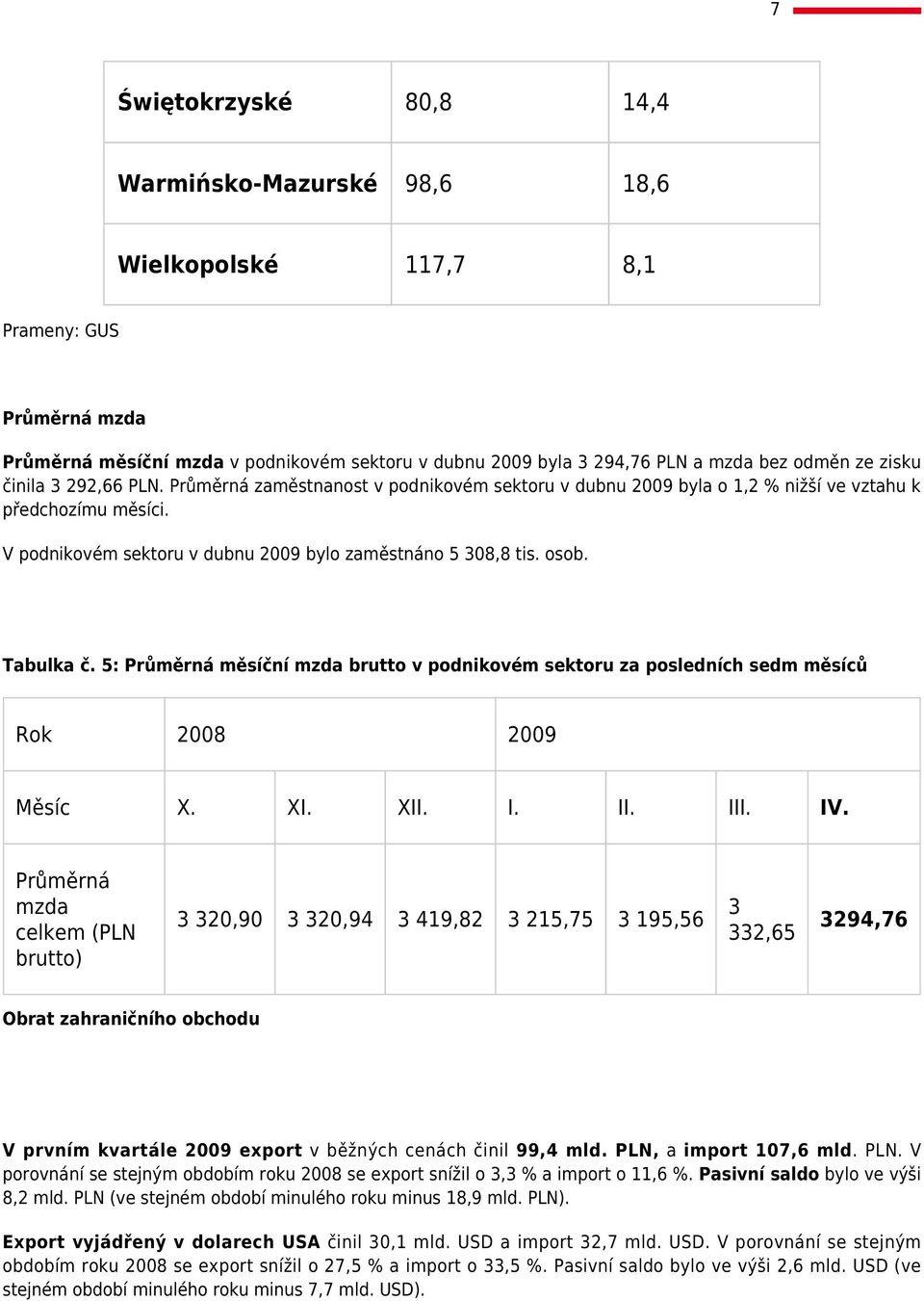 Tabulka č. 5: Průměrná měsíční mzda brutto v podnikovém sektoru za posledních sedm měsíců Rok 2008 2009 Měsíc X. XI. XII. I. II. III. IV.