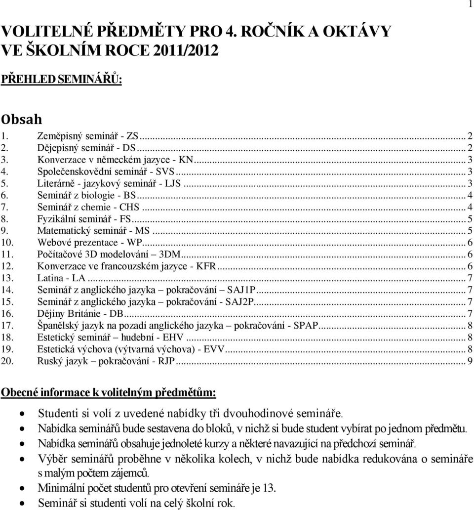 Matematický seminář - MS... 5 10. Webové prezentace - WP... 6 11. Počítačové 3D modelování 3DM... 6 12. Konverzace ve francouzském jazyce - KFR... 6 13. Latina - LA... 7 14.