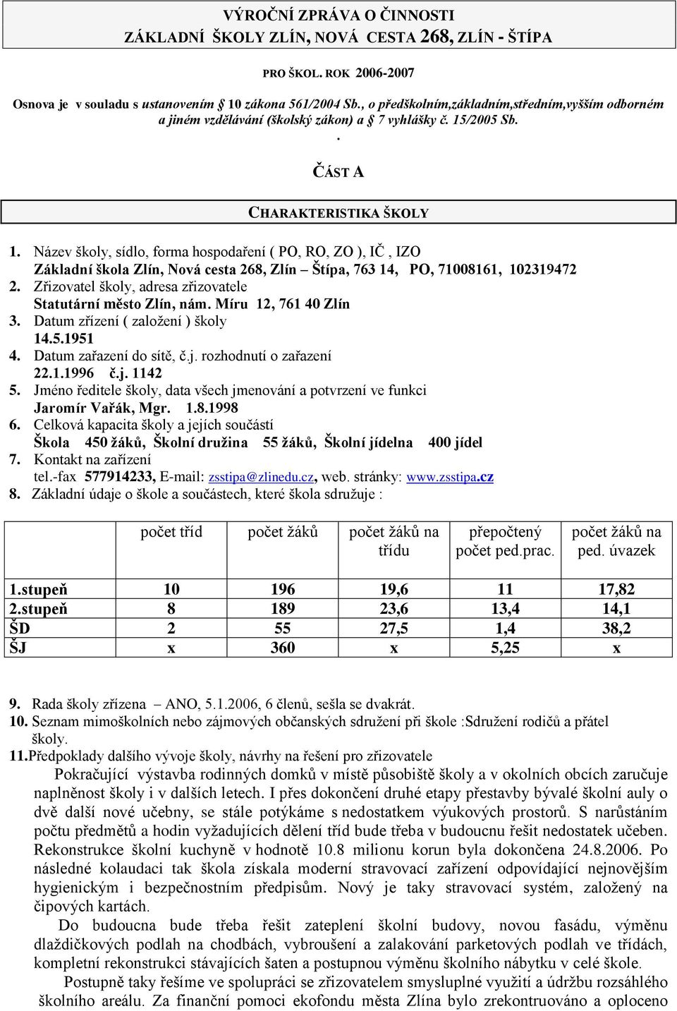 Název školy, sídlo, forma hospodaření ( PO, RO, ZO ), IČ, IZO Základní škola Zlín, Nová cesta 268, Zlín Štípa, 763 14, PO, 71008161, 102319472 2.