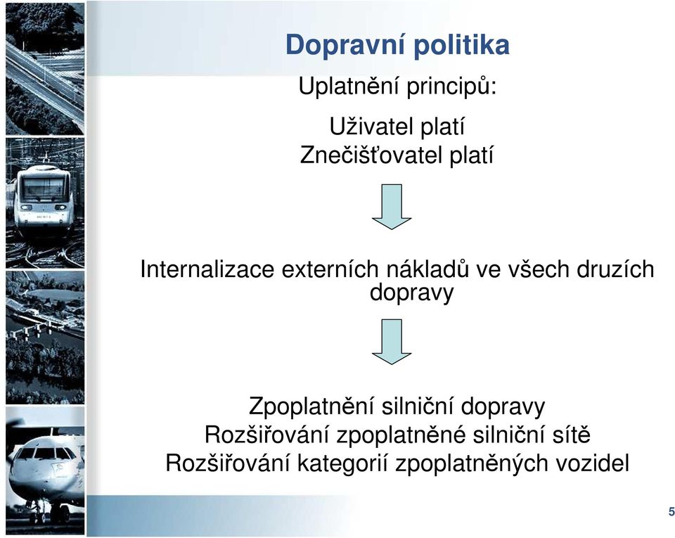 druzích dopravy Zpoplatnění silniční dopravy Rozšiřování