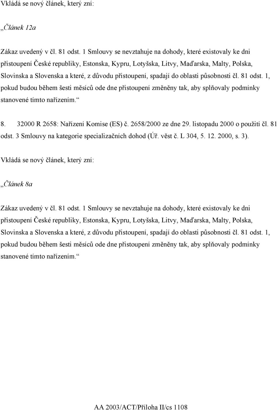 2658/2000 ze dne 29. listopadu 2000 o použití čl. 81 odst. 3 Smlouvy na kategorie specializačních dohod (Úř. věst č. L 304, 5. 12.