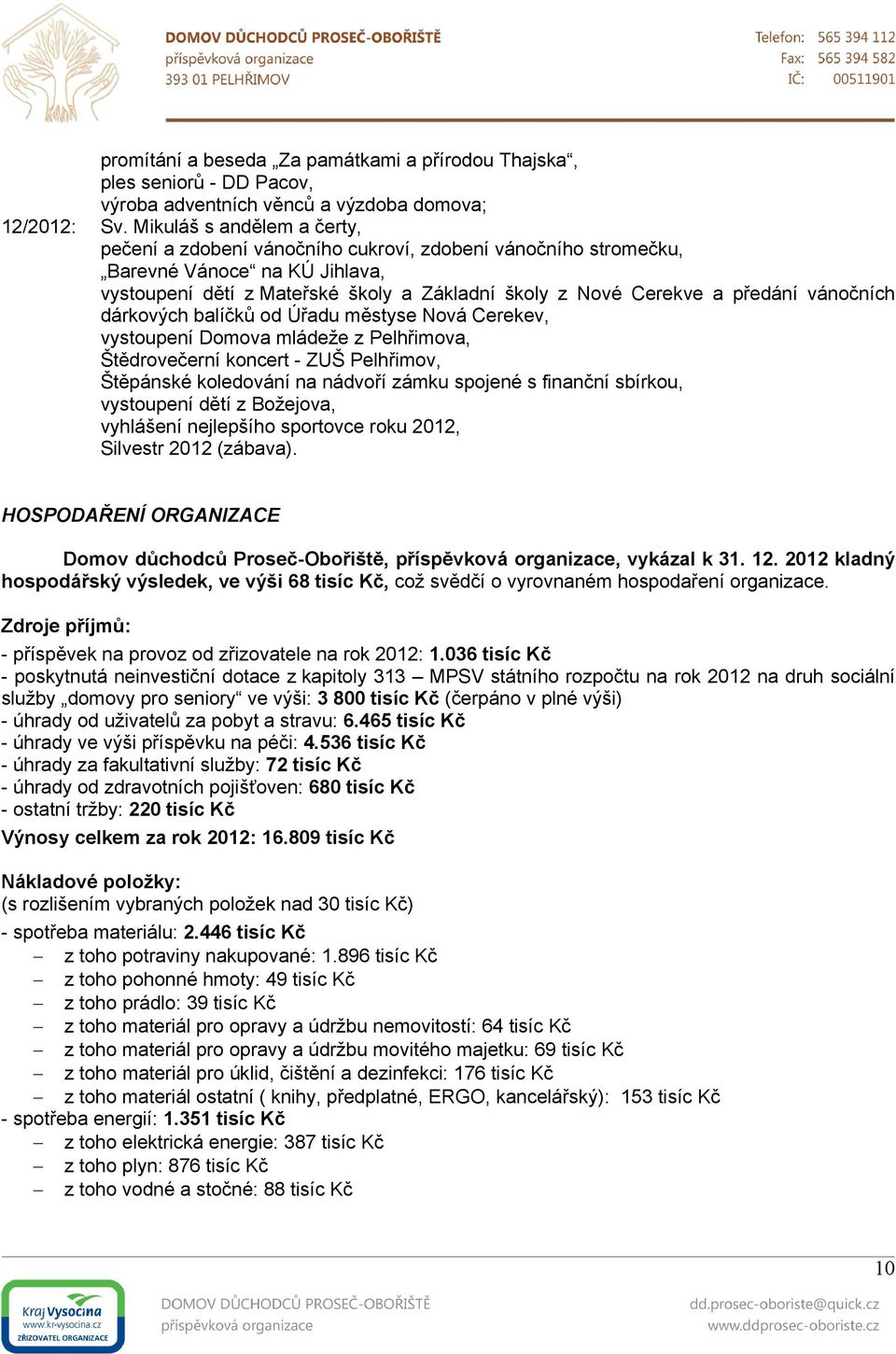 vánočních dárkových balíčků od Úřadu městyse Nová Cerekev, vystoupení Domova mládeže z Pelhřimova, Štědrovečerní koncert - ZUŠ Pelhřimov, Štěpánské koledování na nádvoří zámku spojené s finanční