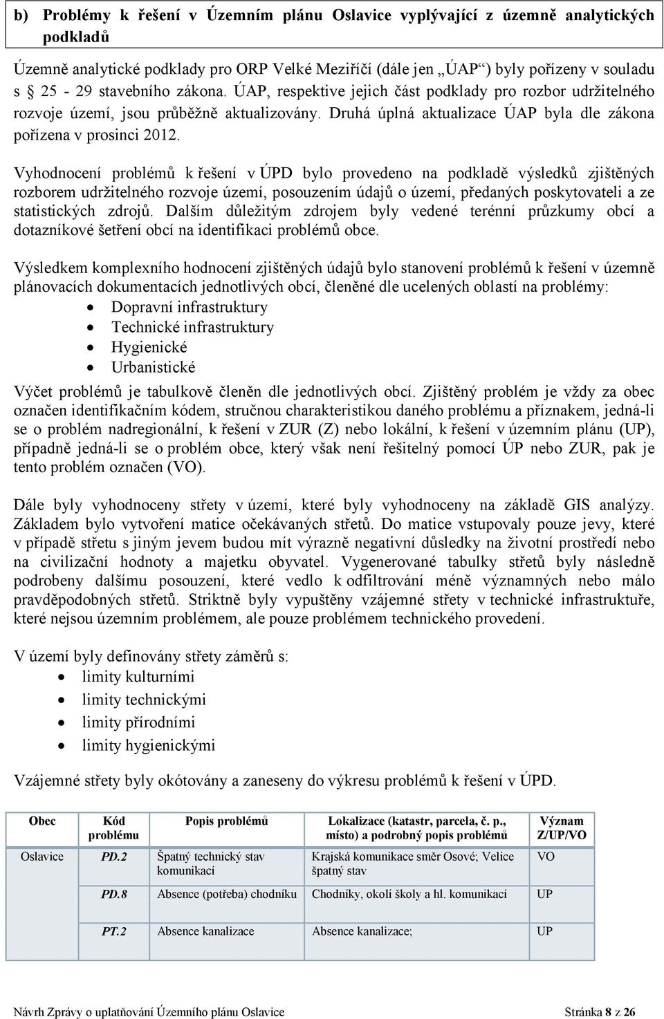 Vyhodnocení problémů k řešení v ÚPD bylo provedeno na podkladě výsledků zjištěných rozborem udržitelného rozvoje území, posouzením údajů o území, předaných poskytovateli a ze statistických zdrojů.