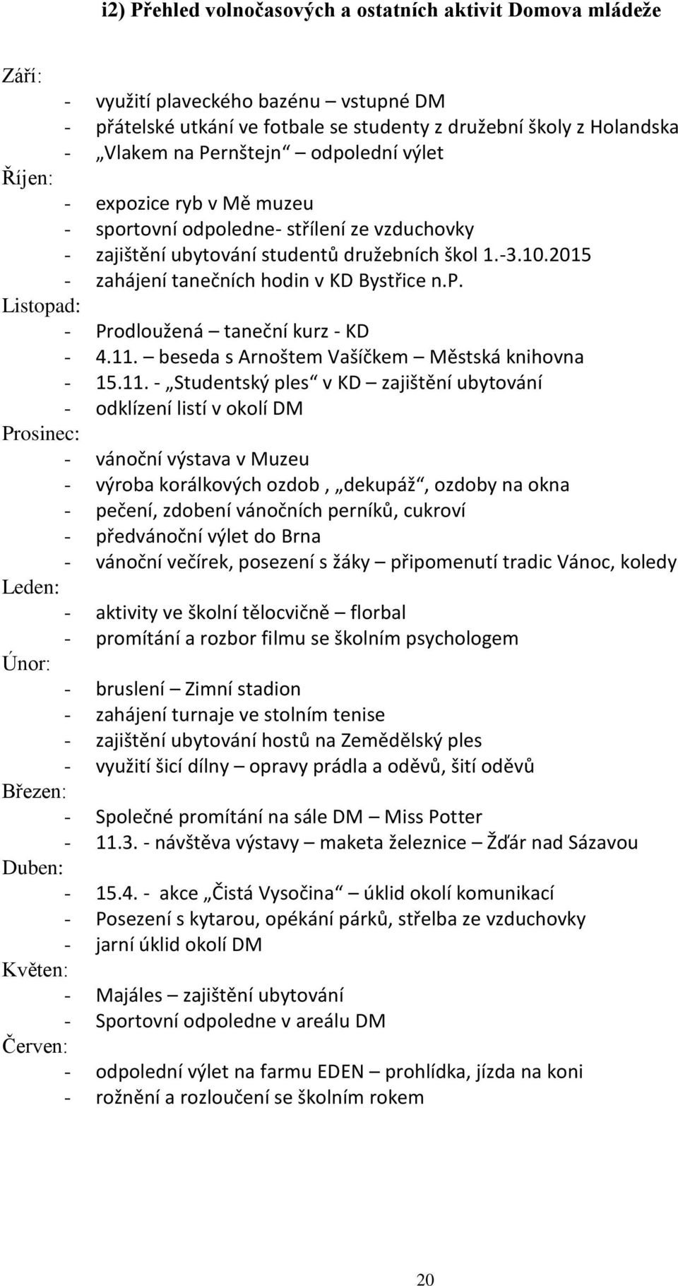 11. beseda s Arnoštem Vašíčkem Městská knihovna - 15.11. - Studentský ples v KD zajištění ubytování - odklízení listí v okolí DM Prosinec: - vánoční výstava v Muzeu - výroba korálkových ozdob,