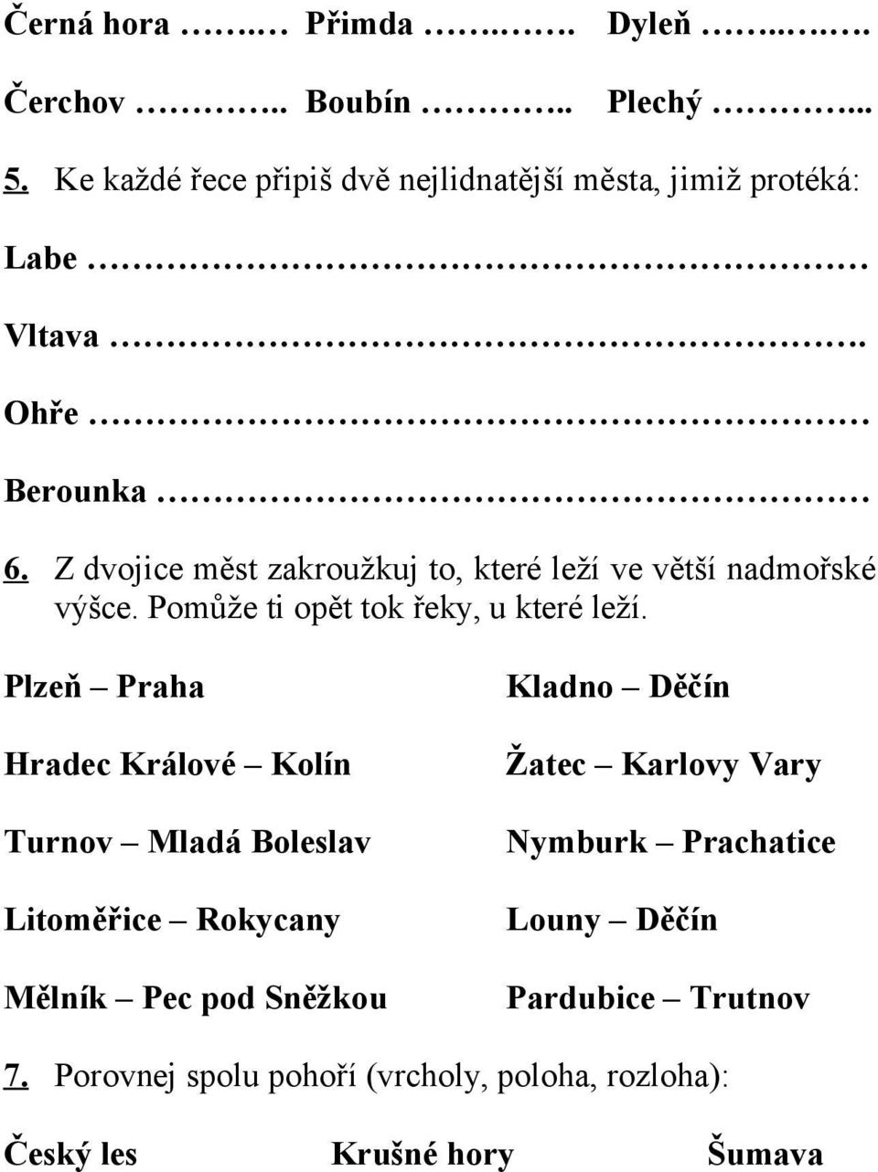 Z dvojice měst zakroužkuj to, které leží ve větší nadmořské výšce. Pomůže ti opět tok řeky, u které leží.