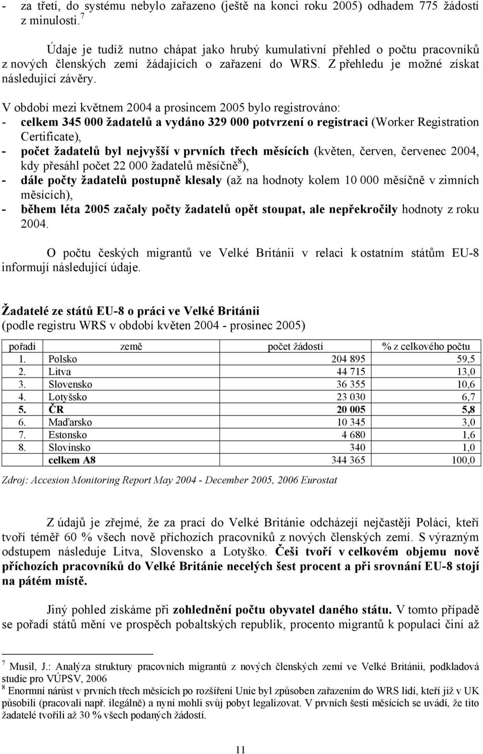 V období mezi květnem 2004 a prosincem 2005 bylo registrováno - celkem 345 000 žadatelů a vydáno 329 000 potvrzení o registraci (Worker Registration Certificate), - počet žadatelů byl nejvyšší v