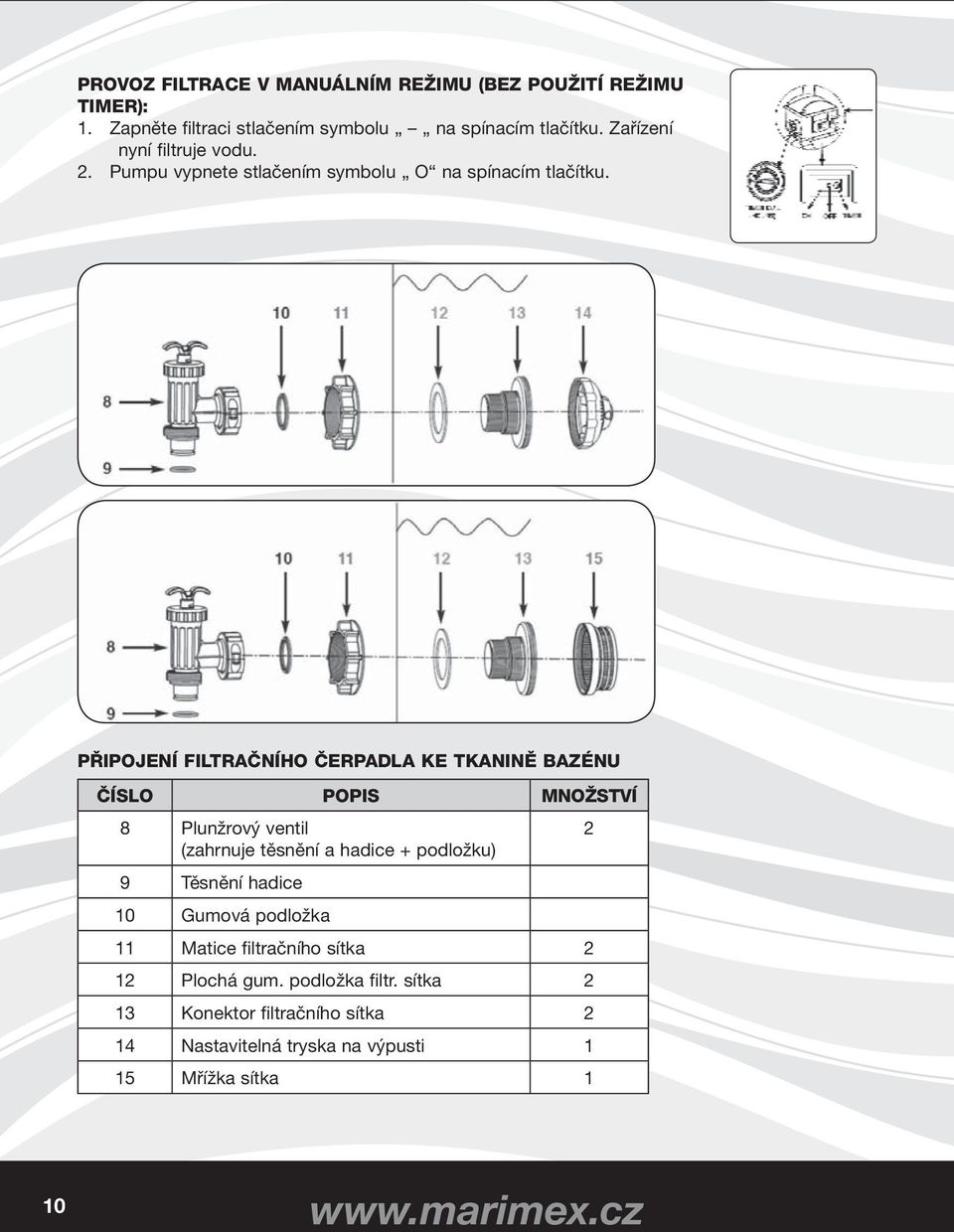 PŘIPOJENÍ FILTRAČNÍHO ČERPADLA KE TKANINĚ BAZÉNU ČÍSLO POPIS MNOŽSTVÍ 8 Plunžrový ventil 2 (zahrnuje těsnění a hadice + podložku) 9